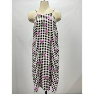 Everly Black White Check Purple Flowers Spring Easter Sleeveless Swing Dress